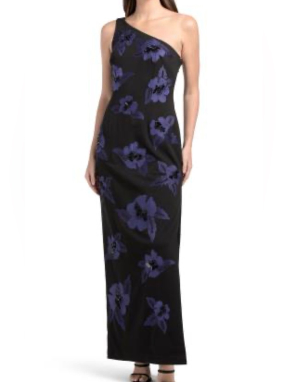 Aidan Mattox Black One-Shoulder Gown with Purple Floral Motif